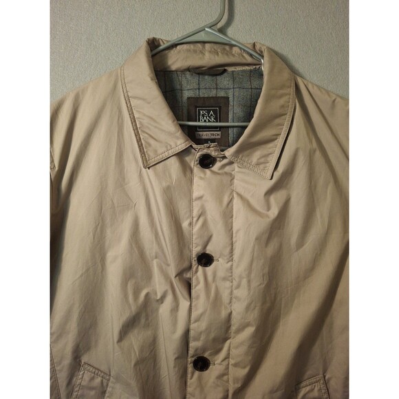 Jos A Bank Travel Tech Men’s XL Beige Tan Trench Coat Rain Jacket Plaid Lining - Picture 4 of 9